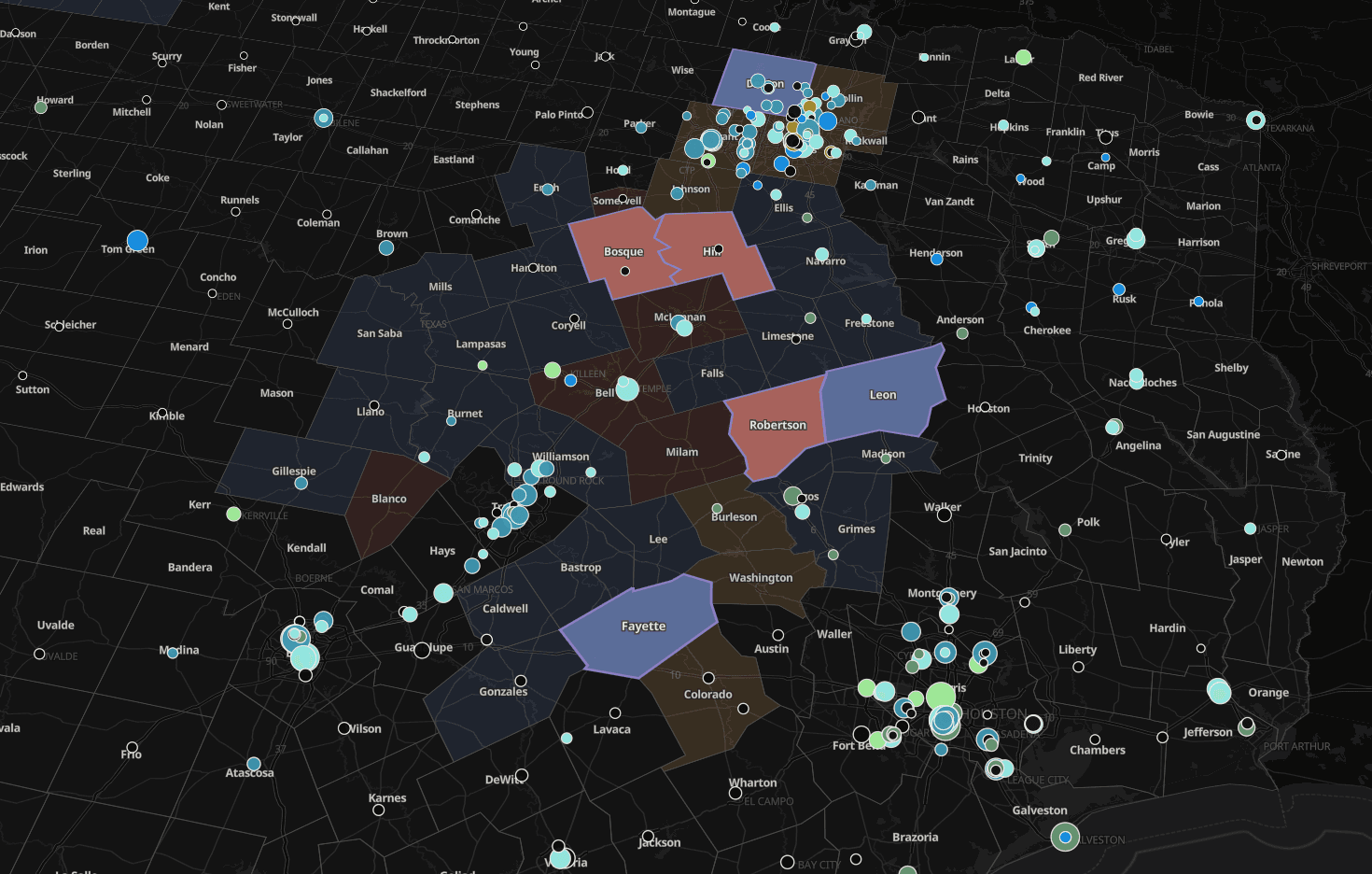 MTR Latitude Study map: Texas counties shaded by simulated competitive posture, with plan activity marked across markets