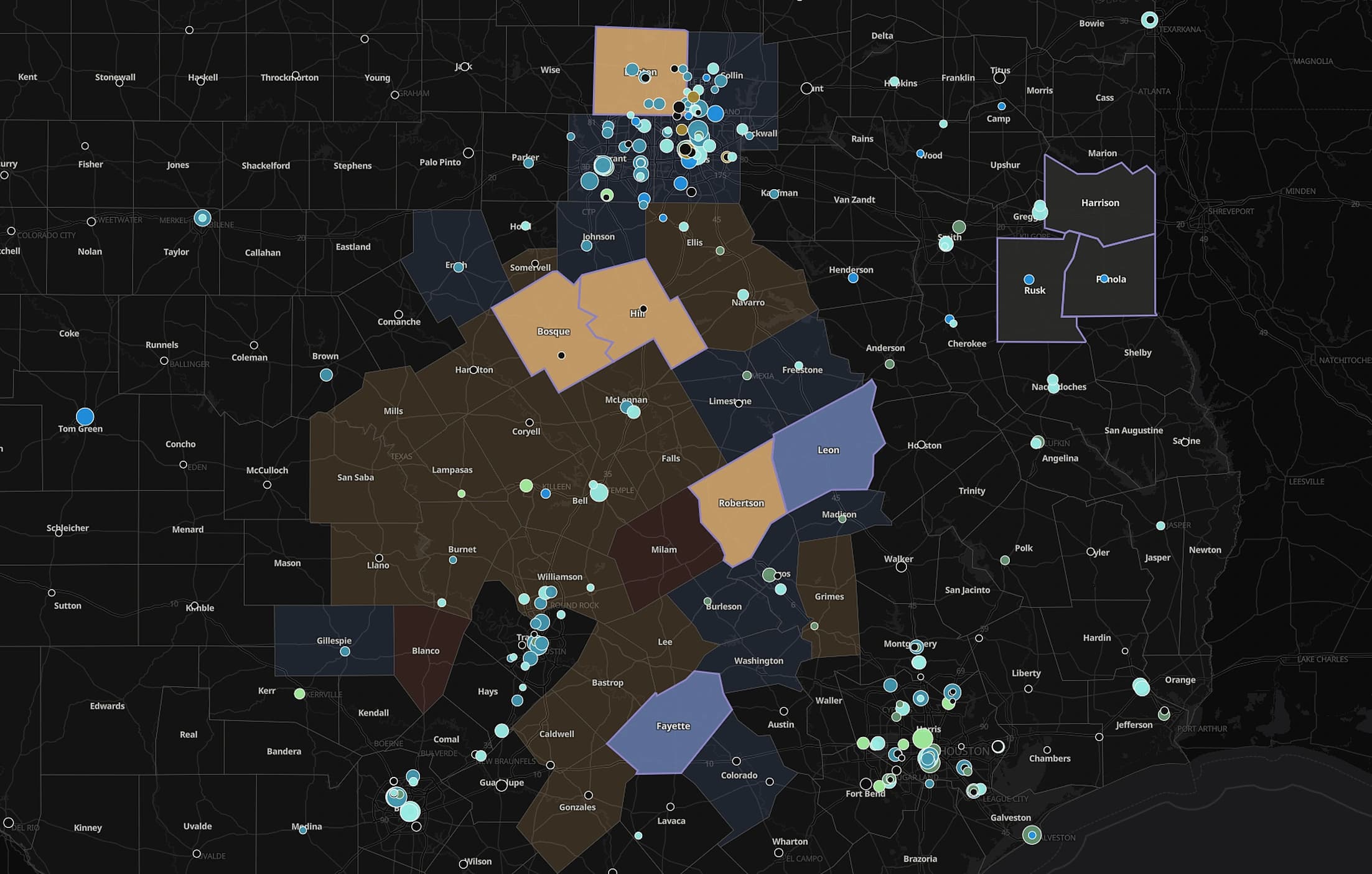 MTR Latitude Study map of Texas: individual counties shaded by simulated competitive posture across separate market territories, with plan activity marked