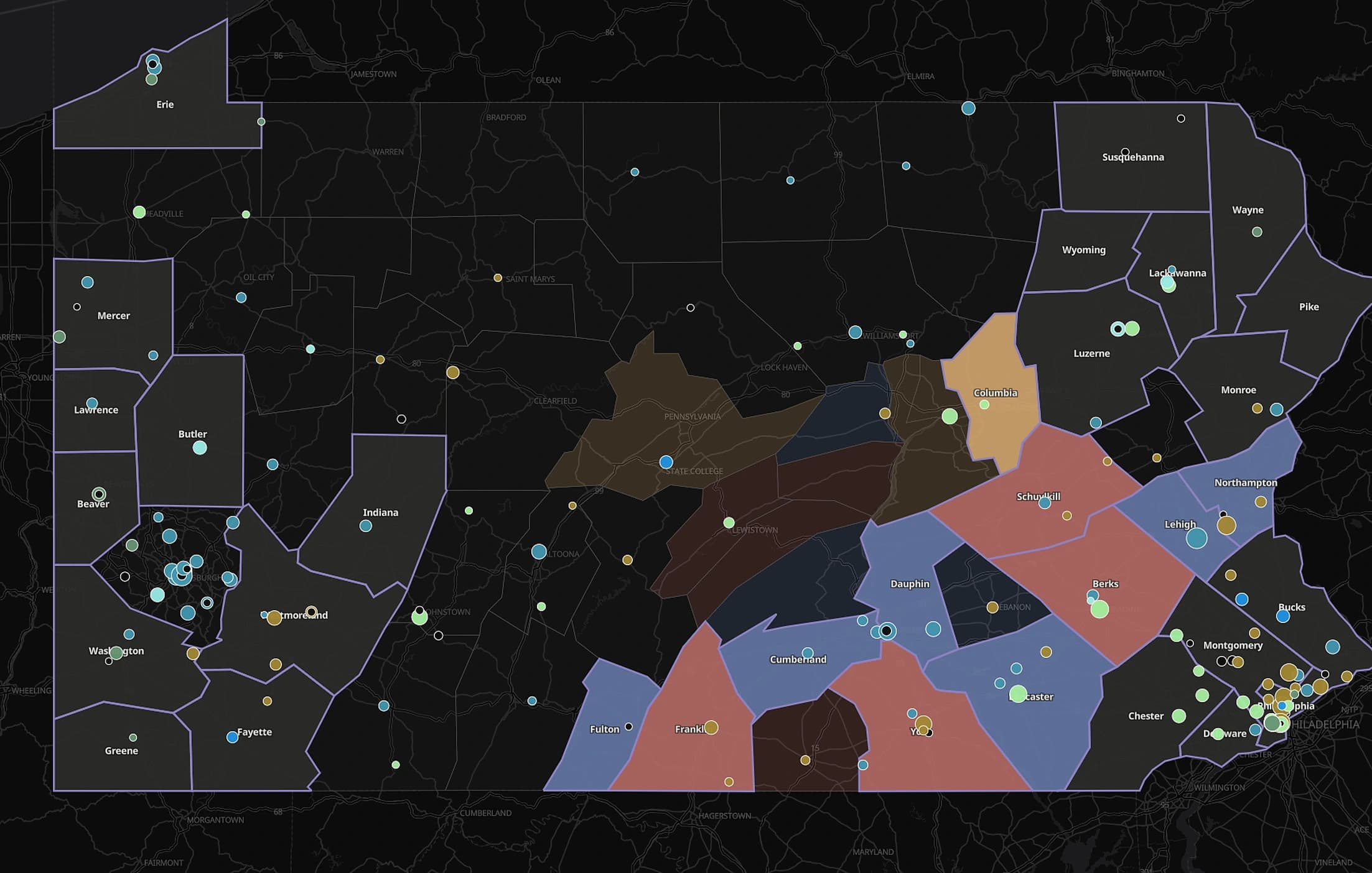 MTR Latitude Study map of Pennsylvania: two separated clusters of counties shaded by simulated competitive posture, with unshaded counties between them