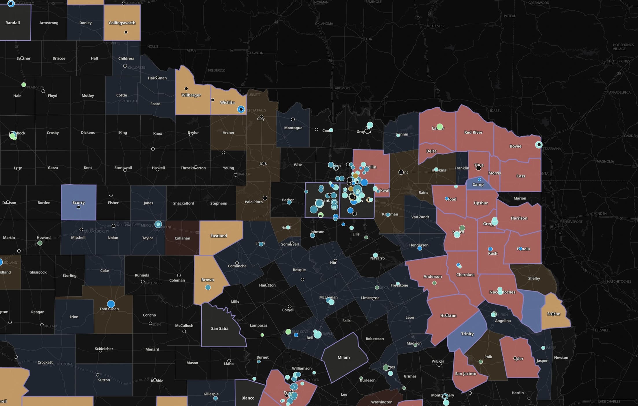 MTR Latitude Study map of Texas: counties from the Panhandle to the Gulf coast shaded by simulated competitive posture, with plan activity marked across every market
