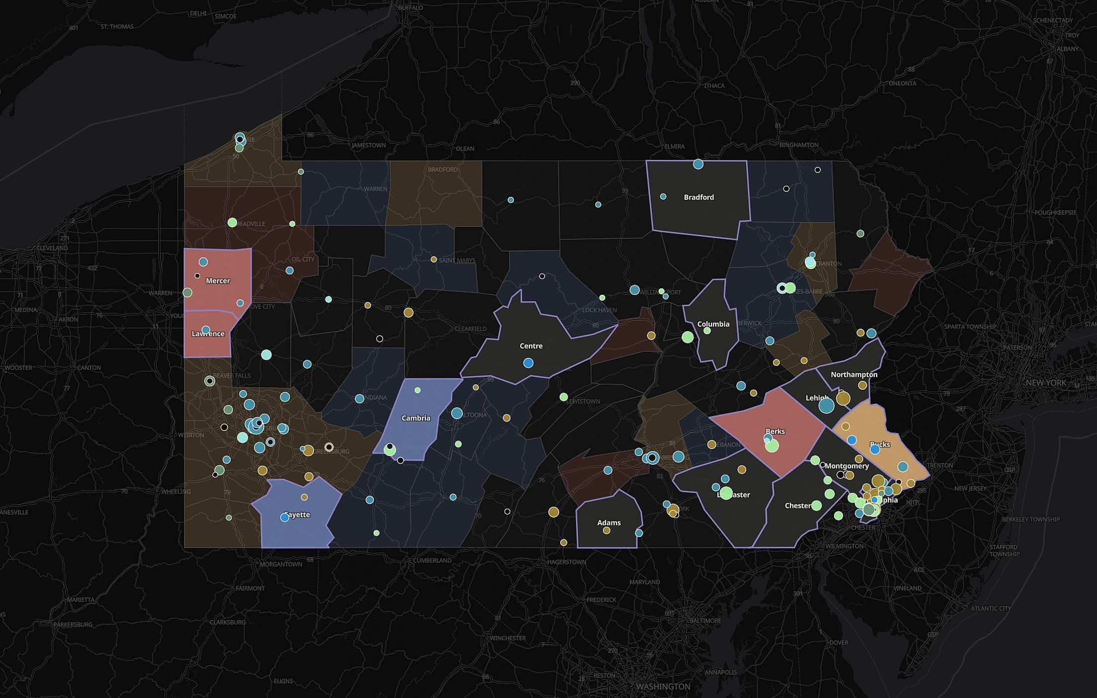 MTR Latitude Study map of Pennsylvania: counties across the whole state shaded by simulated competitive posture, with the neighbouring states visible around it