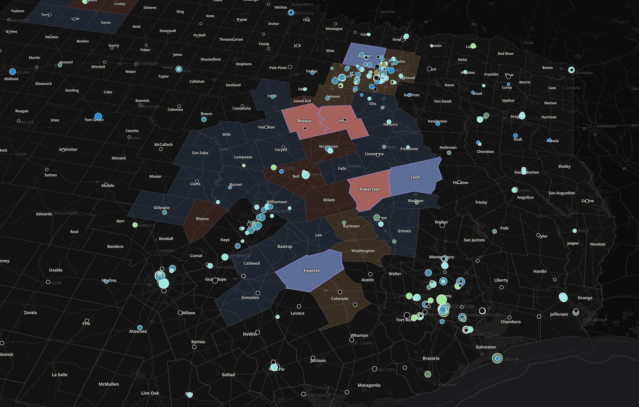 MTR Latitude Study map of Texas: a connected span of counties running from the Dallas and Fort Worth area south through Austin to the Gulf coast, shaded by simulated competitive posture