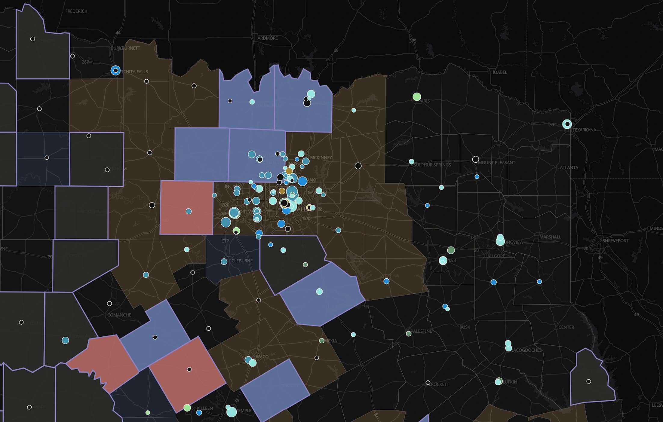 MTR Latitude Study map of Texas: clusters of counties shaded by simulated competitive posture, separated by counties with no position, showing coverage across several client footprints at once